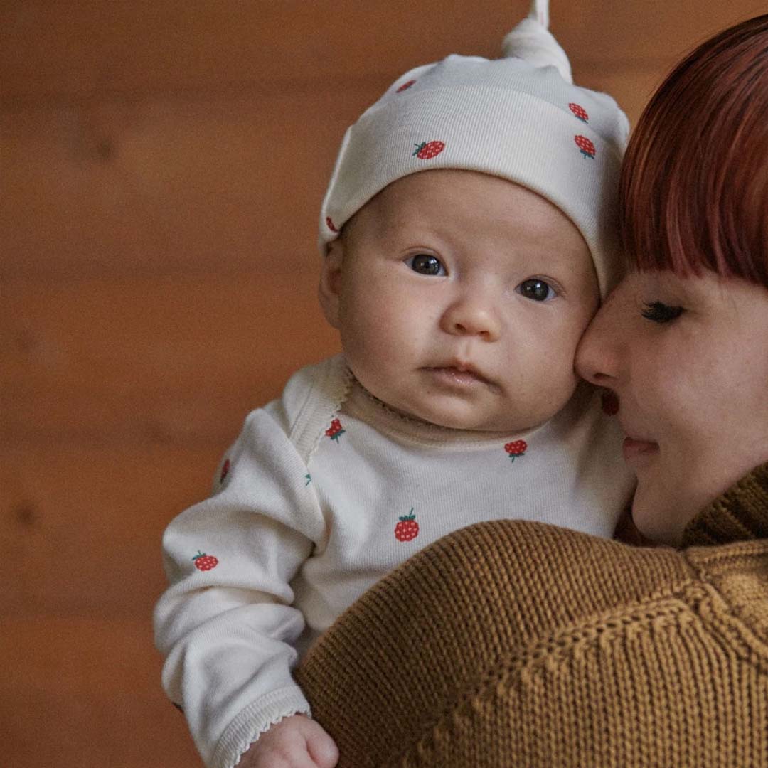 COTTON KNOTTED BEANIE | RASPBERRY PRINT