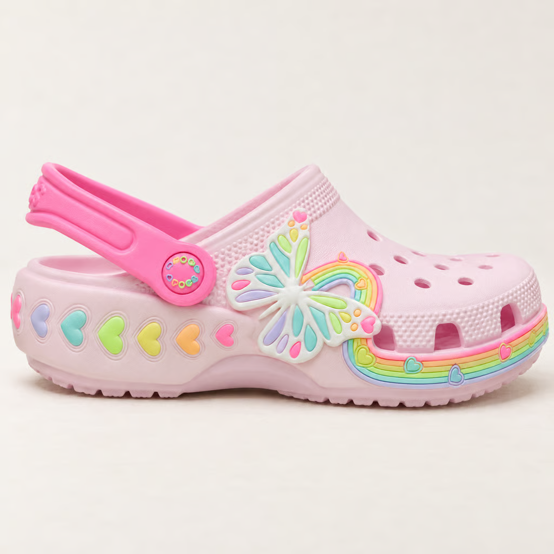 Crocs Classic Butterfly Lights Clog in Pink Milk, single side hero view