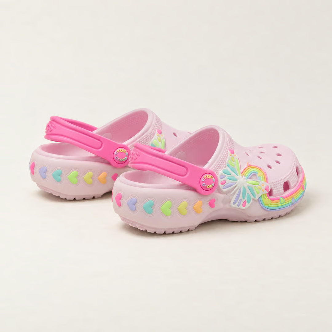 Crocs Classic Butterfly Lights Clog in Pink Milk, rear pair view