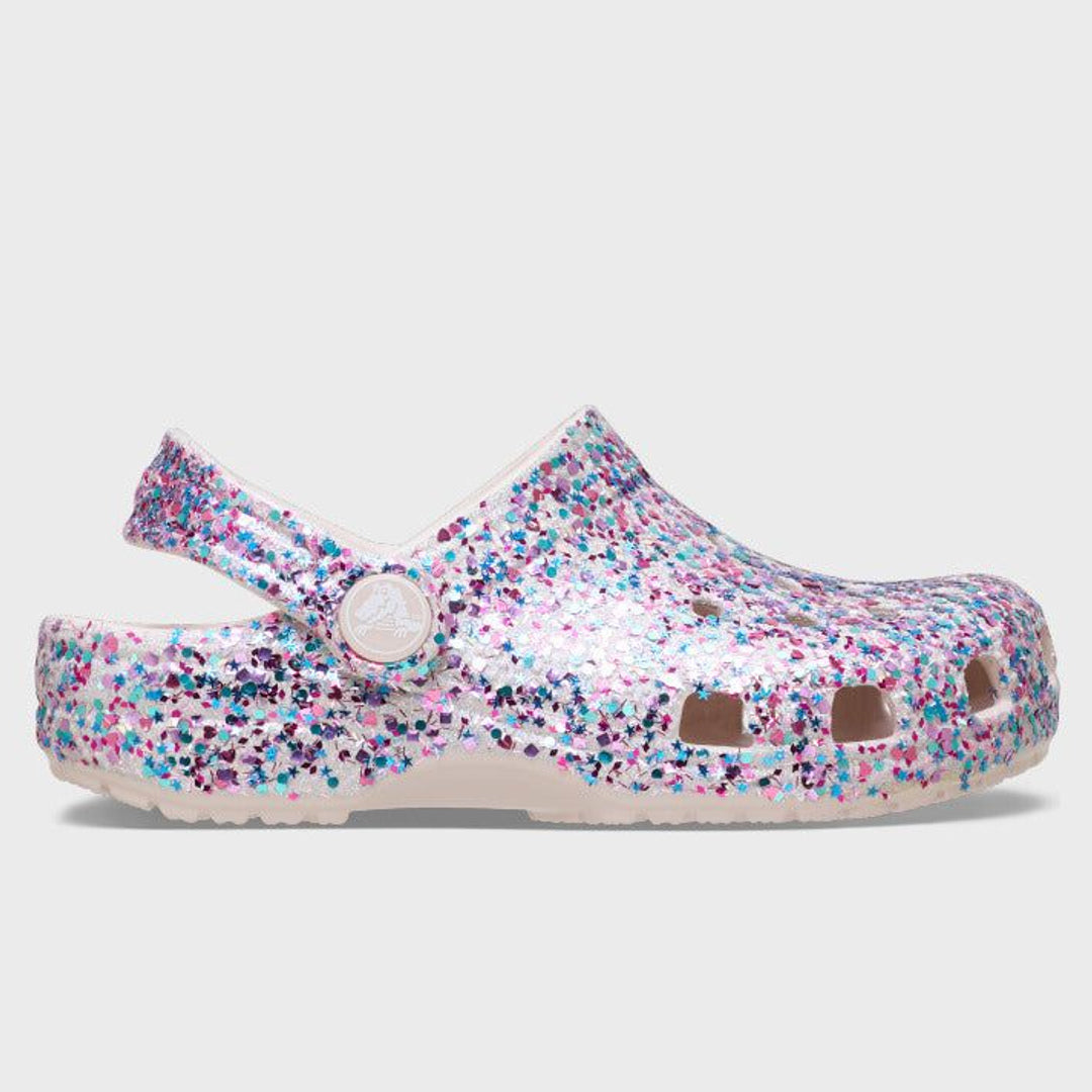 Crocs Toddler Classic Dazzle Glitter Clog in Cocoa Crème — side hero view