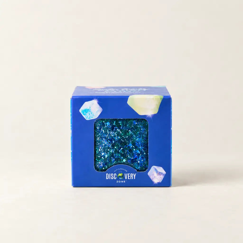 Blue Discovery Zone Jumbo Sparkly Squish Cube in its retail packaging.