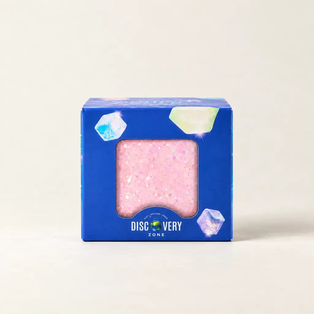 Pink Discovery Zone Jumbo Sparkly Squish Cube in its retail packaging.