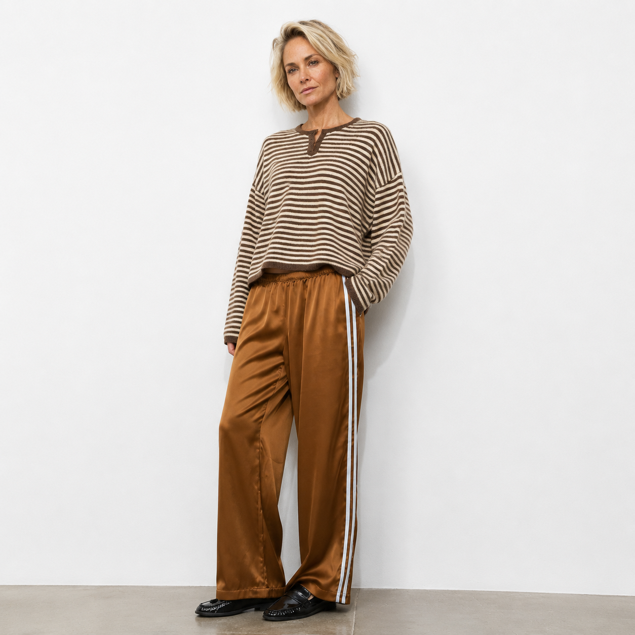 Etta Striped Henley Knit | Brown Stripe