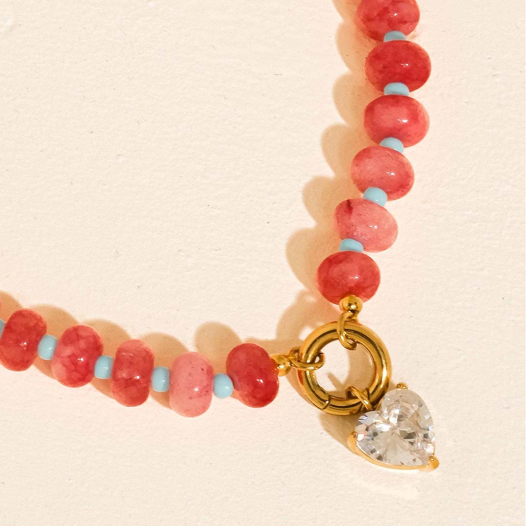 Annecy Boho Beaded CZ Necklace |  18K Gold  Pink