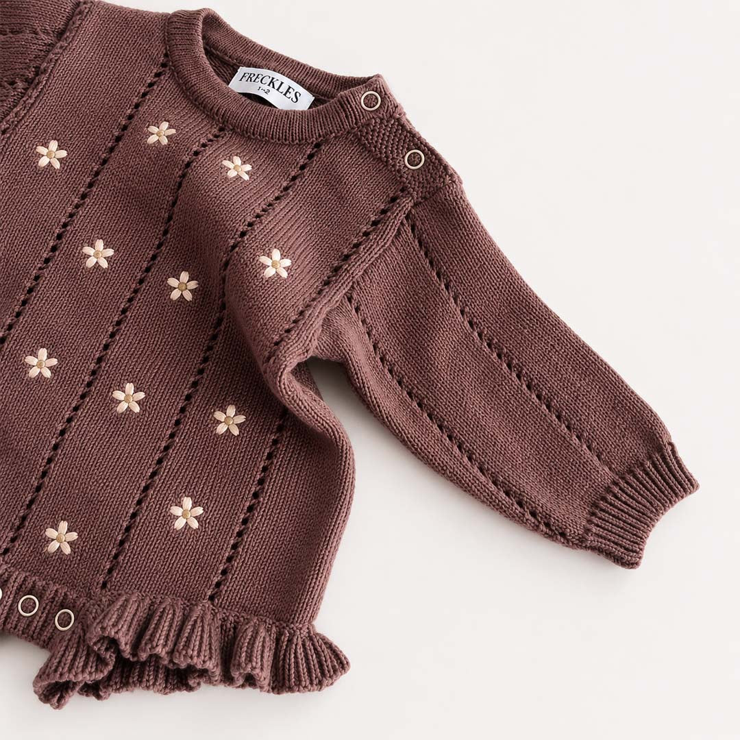 Embroidered Pointelle Romper | Brown Daisy