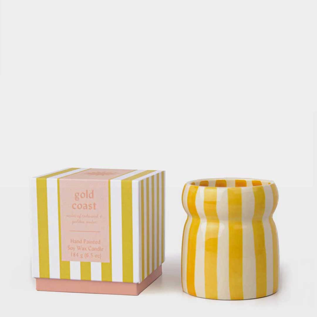 Cabana 6.5oz Ochre Stripped Ceramic Candle | Gold Coast