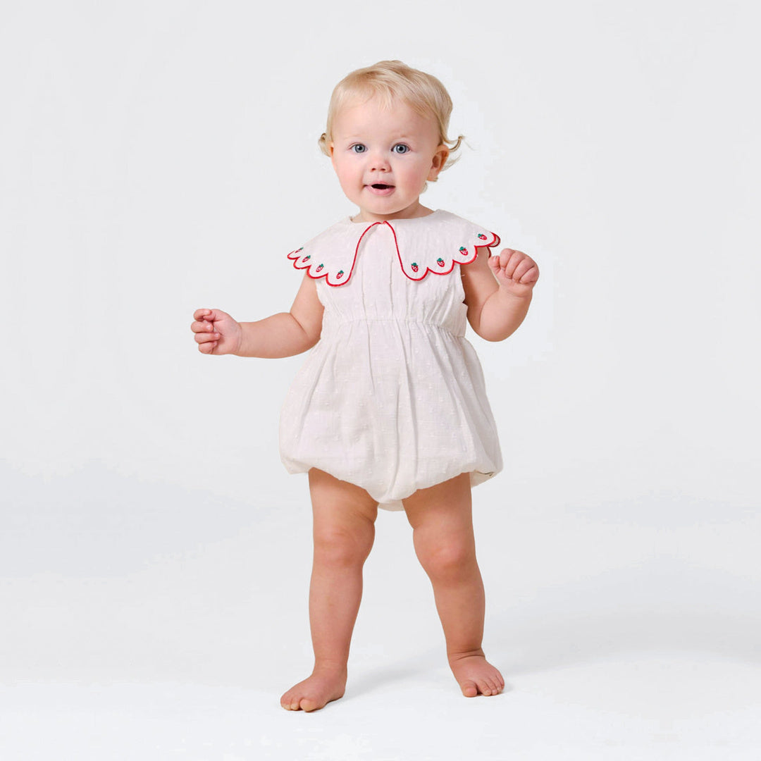 Scallop Collar Strawberry Romper | White/Red — lifestyle view