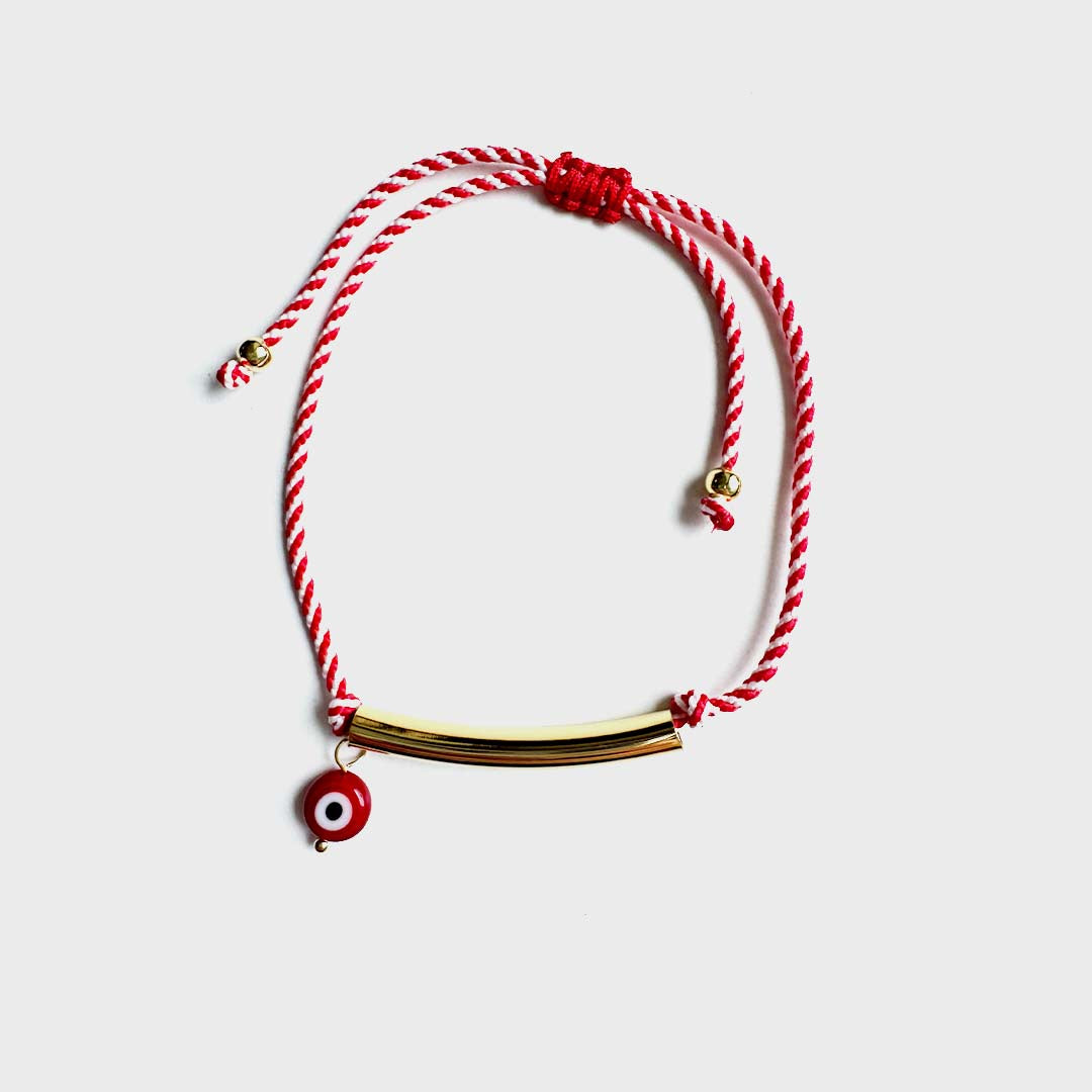 GUARDIAN THREAD BRACELET | GOLD TUBE & RED EVIL EYE