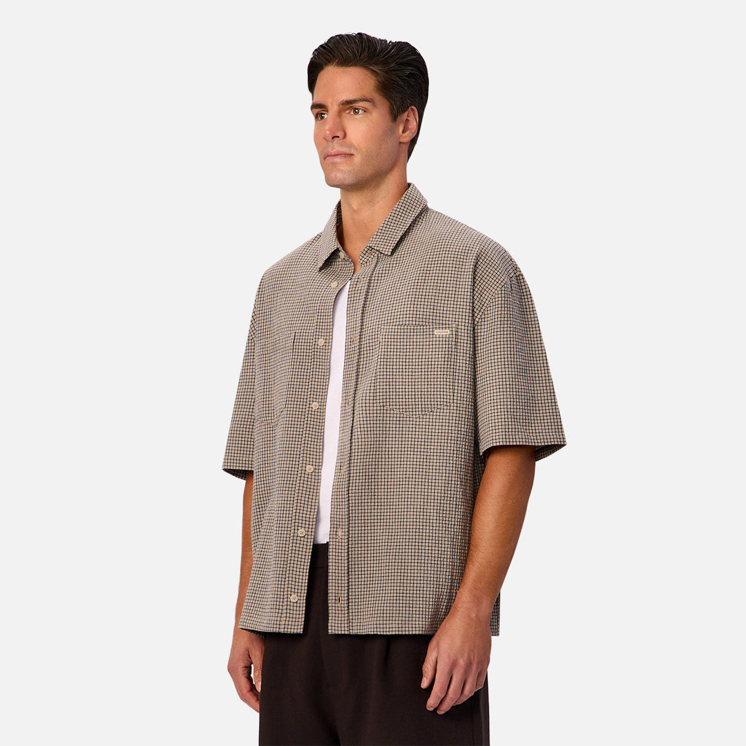 The Charlestown Short Sleeve Shirt in Taupe and Navy — official image 03