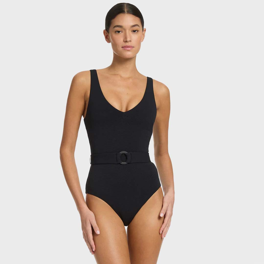 V-NECKLINE BELTED ONE PIECE | BLACK