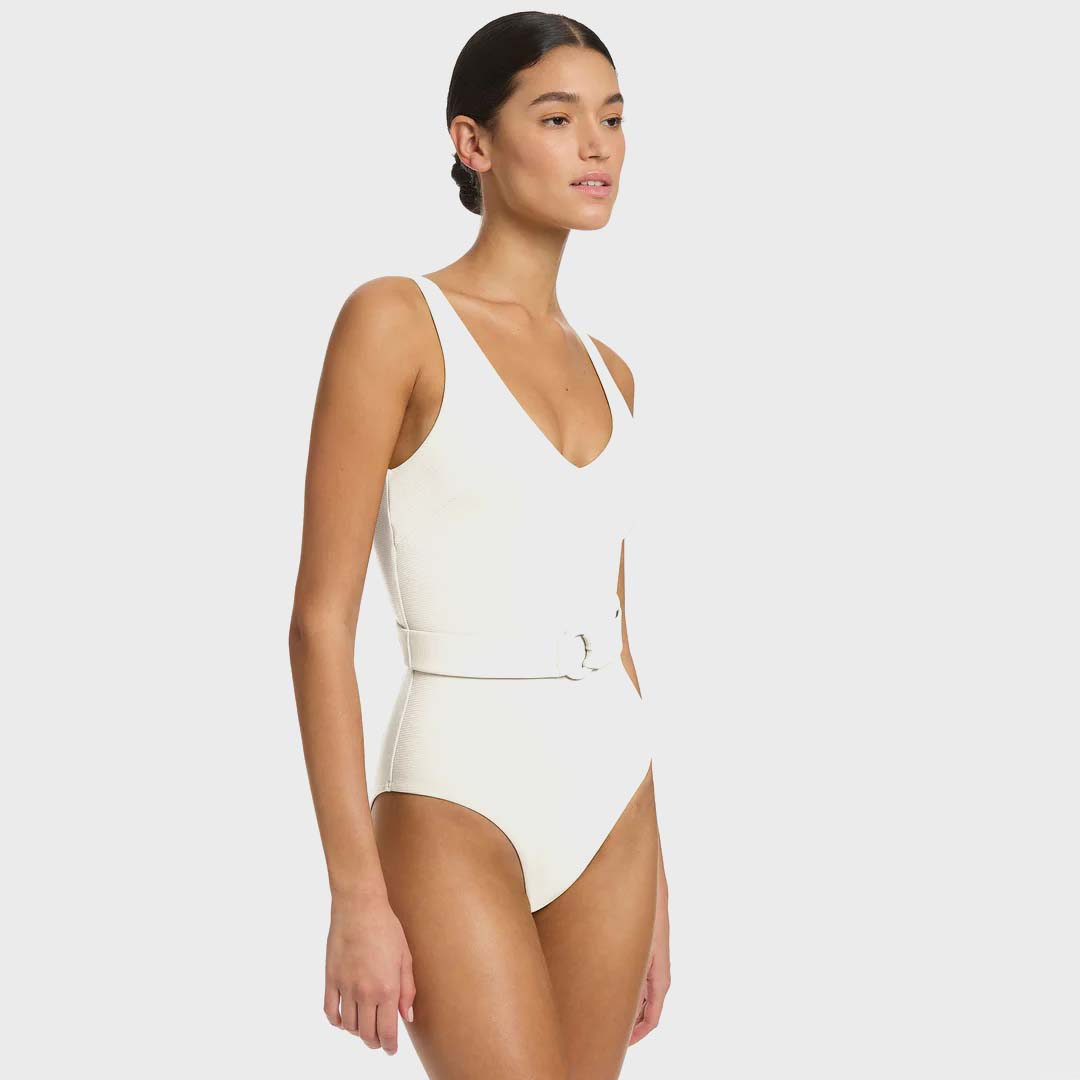 V-NECKLINE BELTED ONE PIECE | CREAM