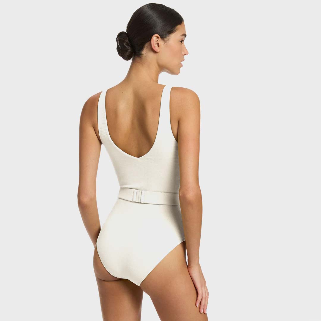 V-NECKLINE BELTED ONE PIECE | CREAM