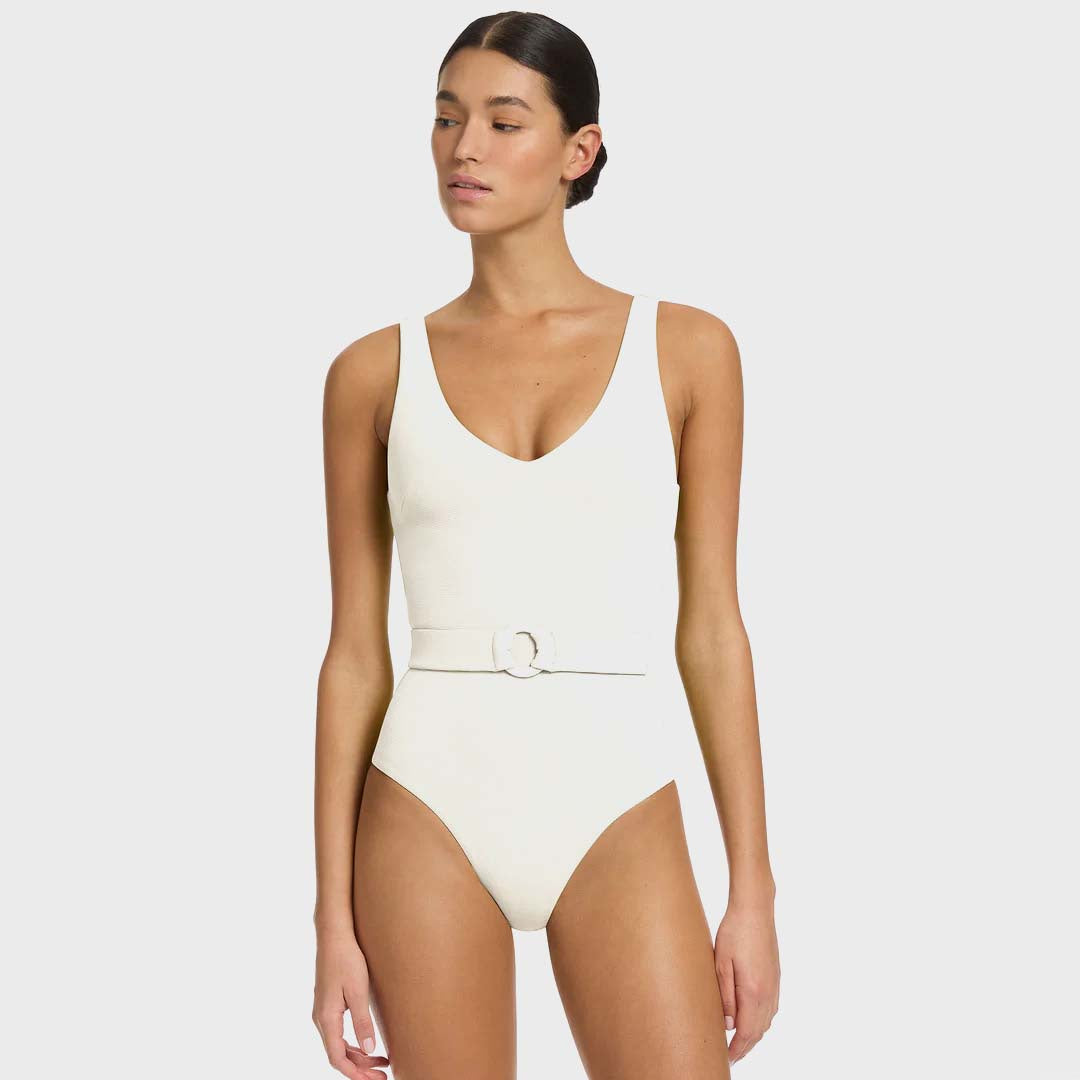 V-NECKLINE BELTED ONE PIECE | CREAM