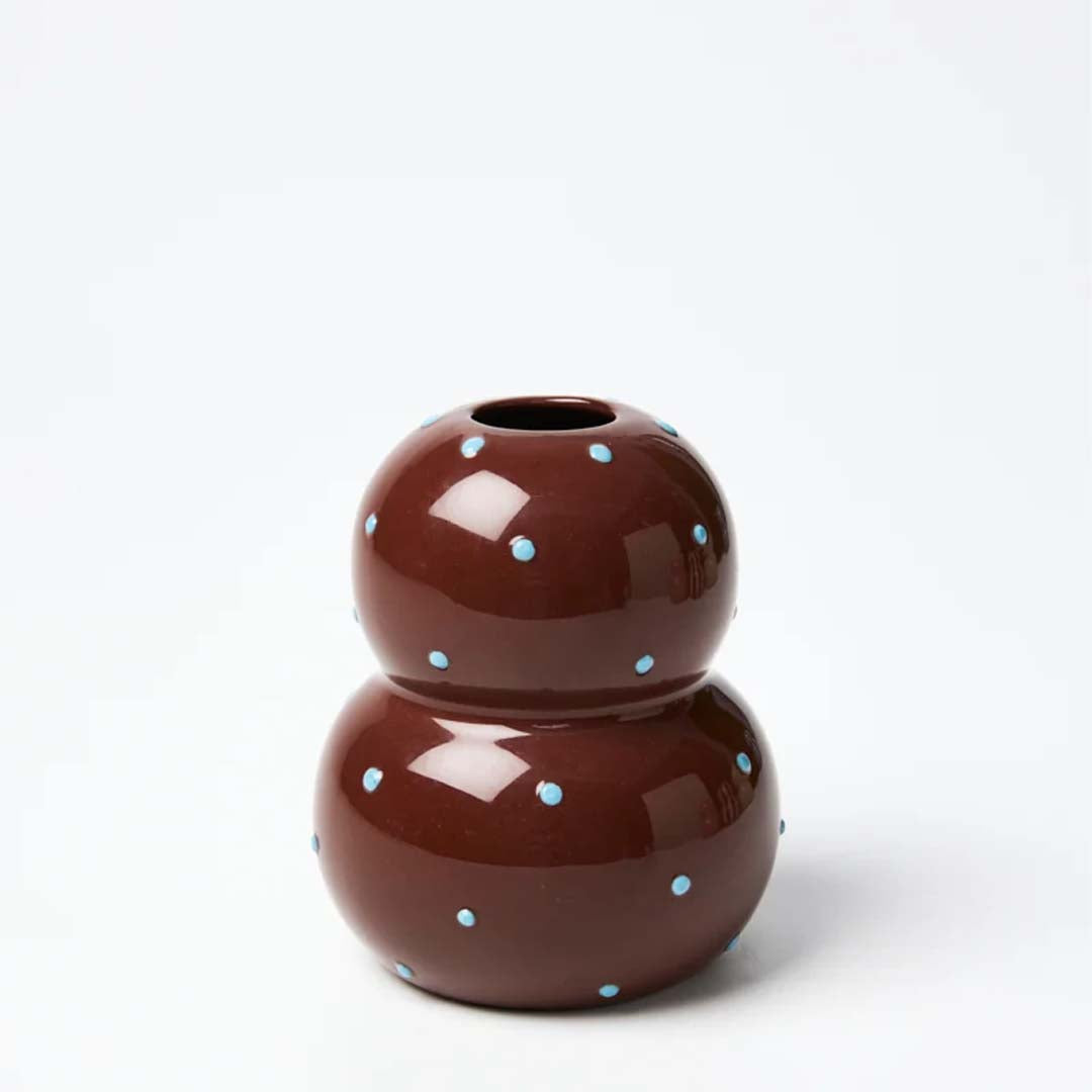 Jones & Co Fonda Vase in brown glaze with raised blue dot detailing.