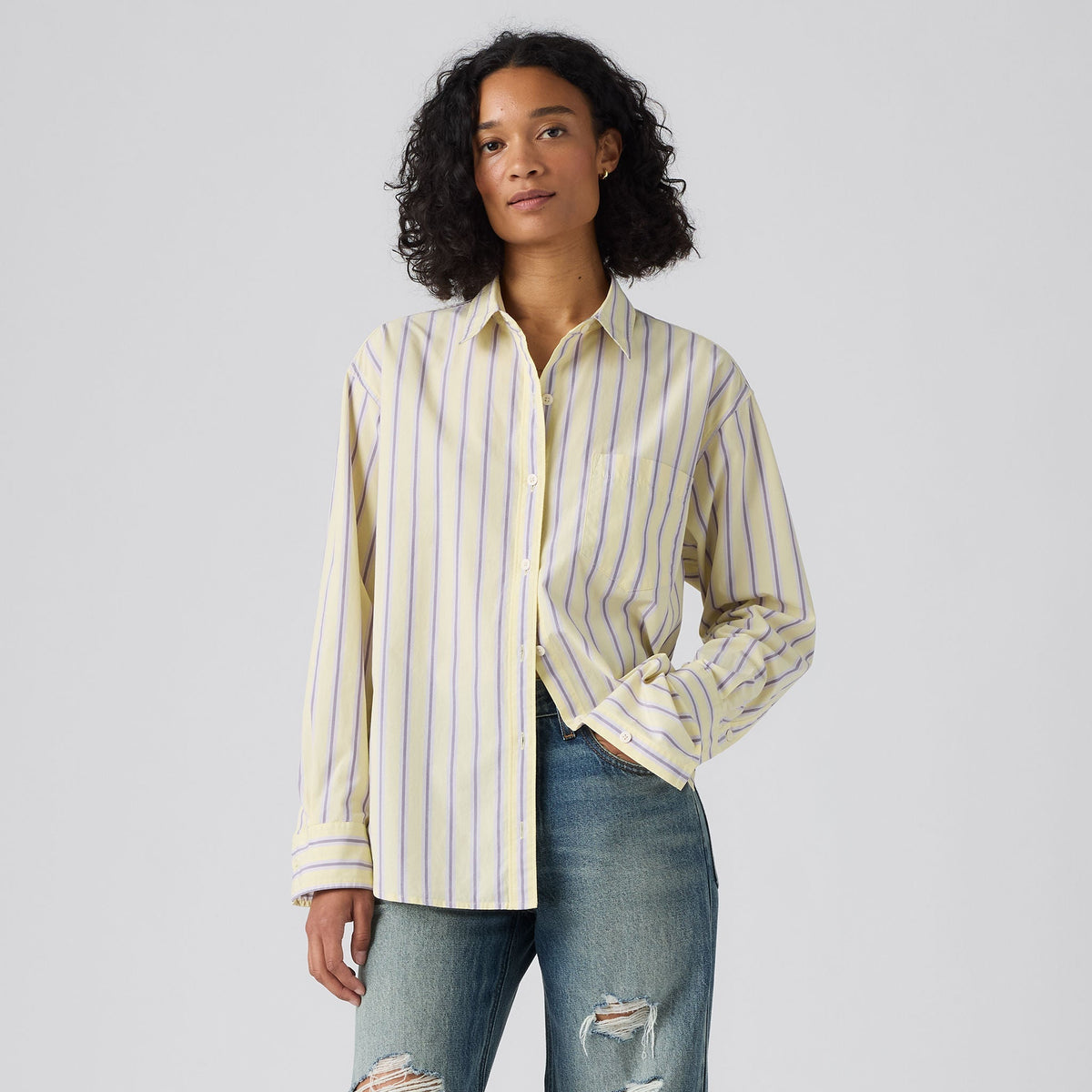 Levi's Harlie Boyfriend Shirt, Costanza Stripe French Vanilla — On-model alternate straight front