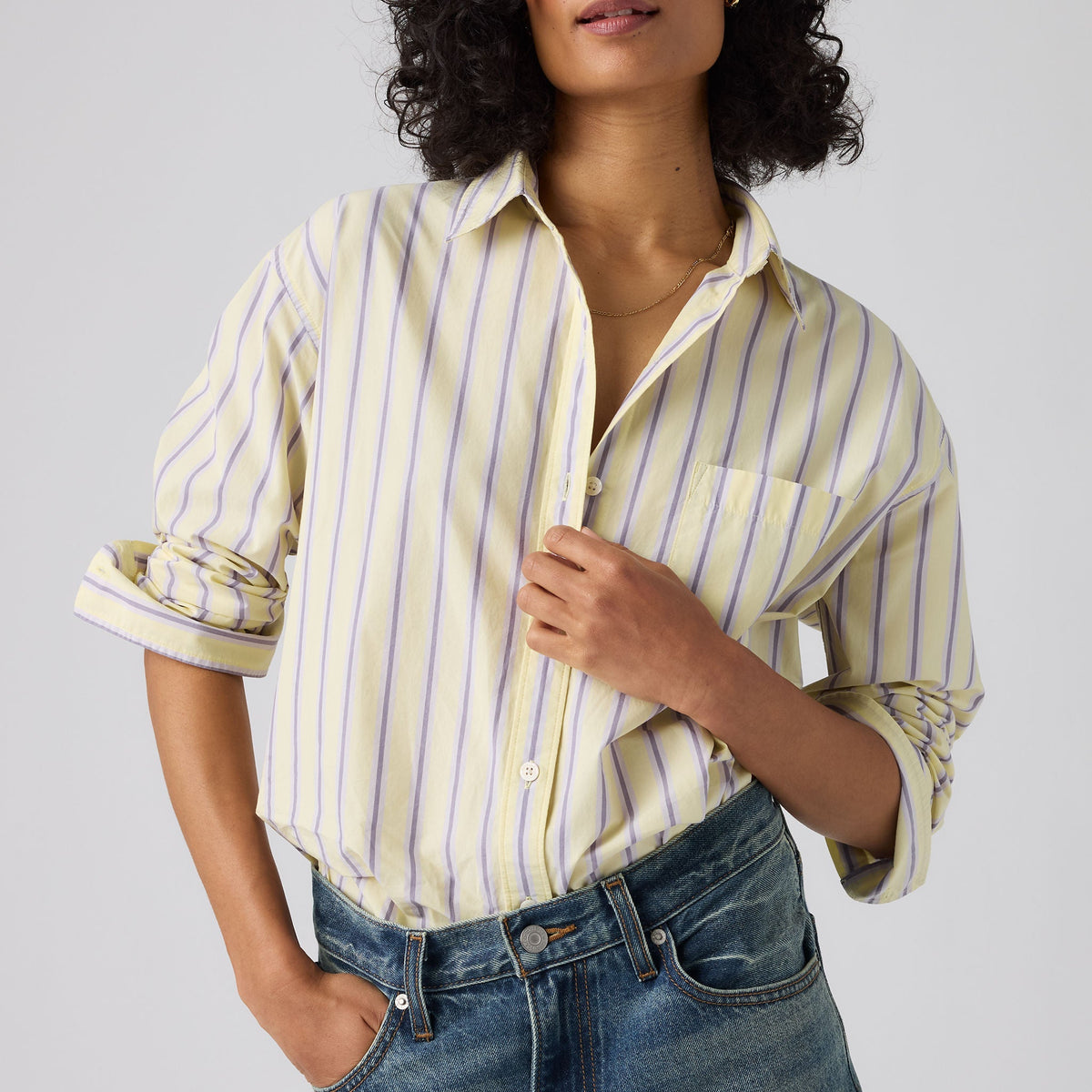 Levi's Harlie Boyfriend Shirt, Costanza Stripe French Vanilla — On-model collar/chest detail