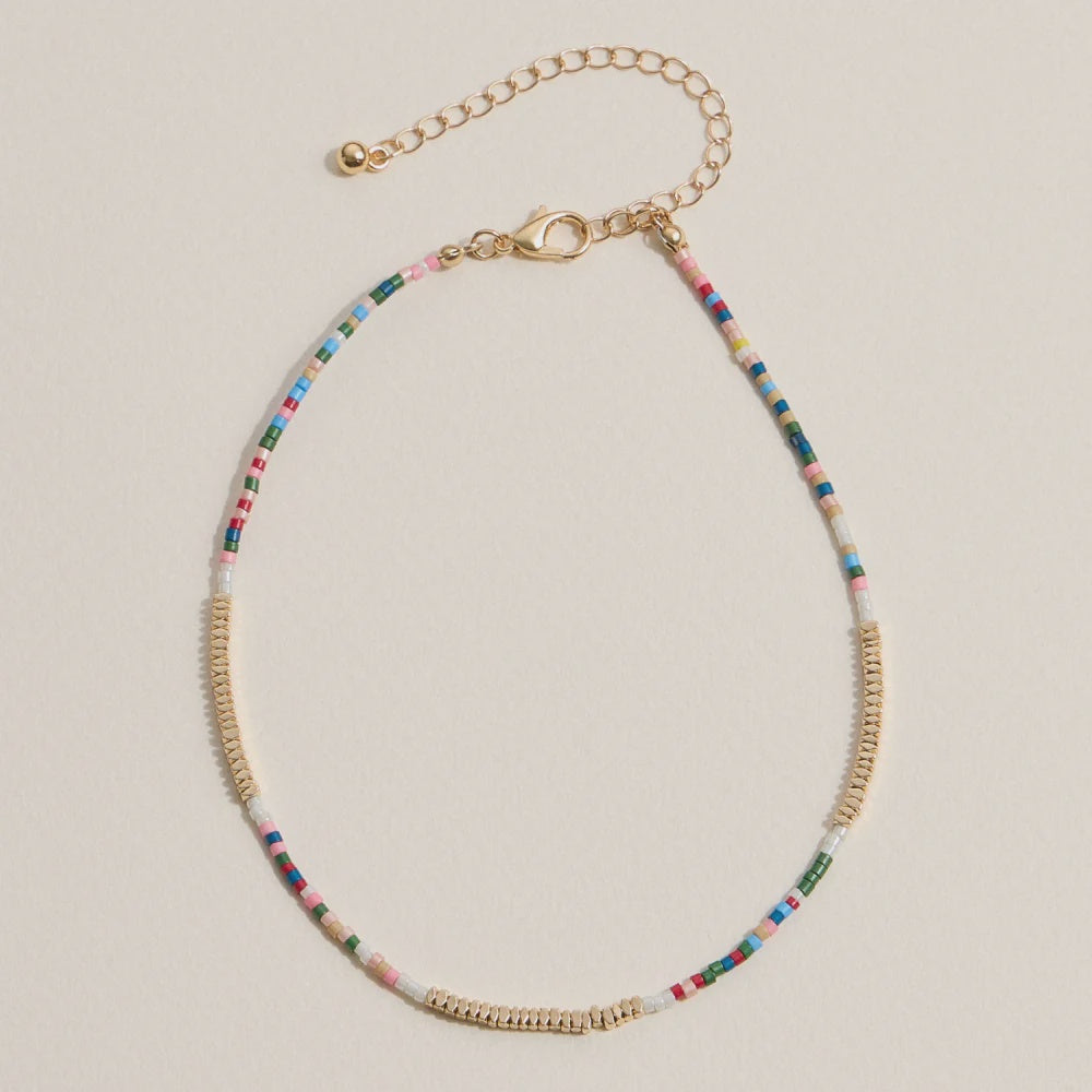 Colourful Seed Bead Anklet | Rainbow Gold