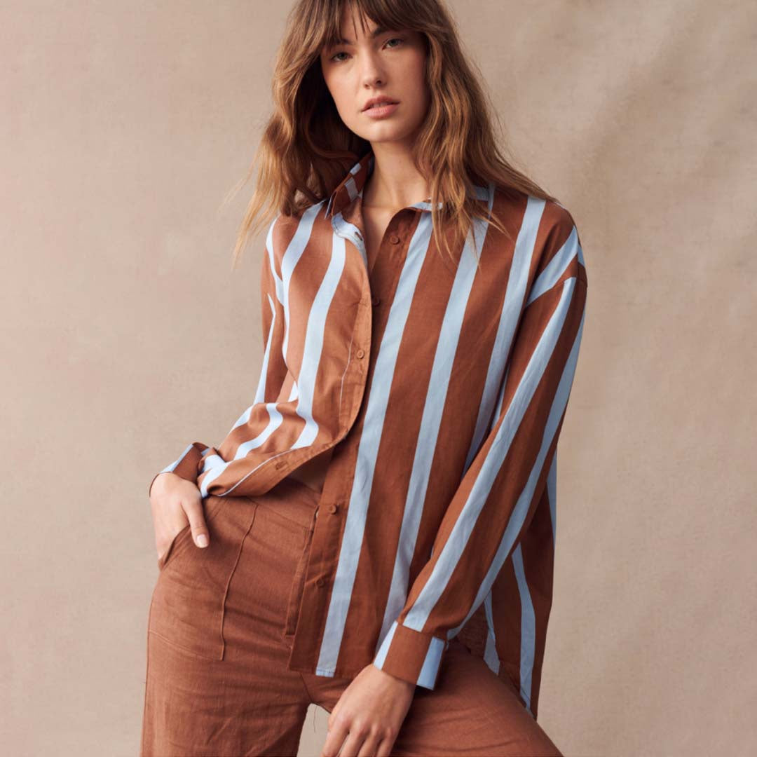 KIRA STRIPE SHIRT | RUST & BLUE STRIPE