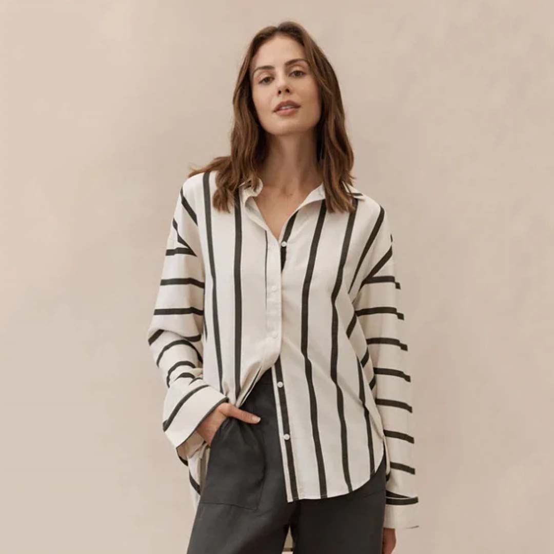 MAGGIE STRIPE SHIRT | BEIGE / BLACK