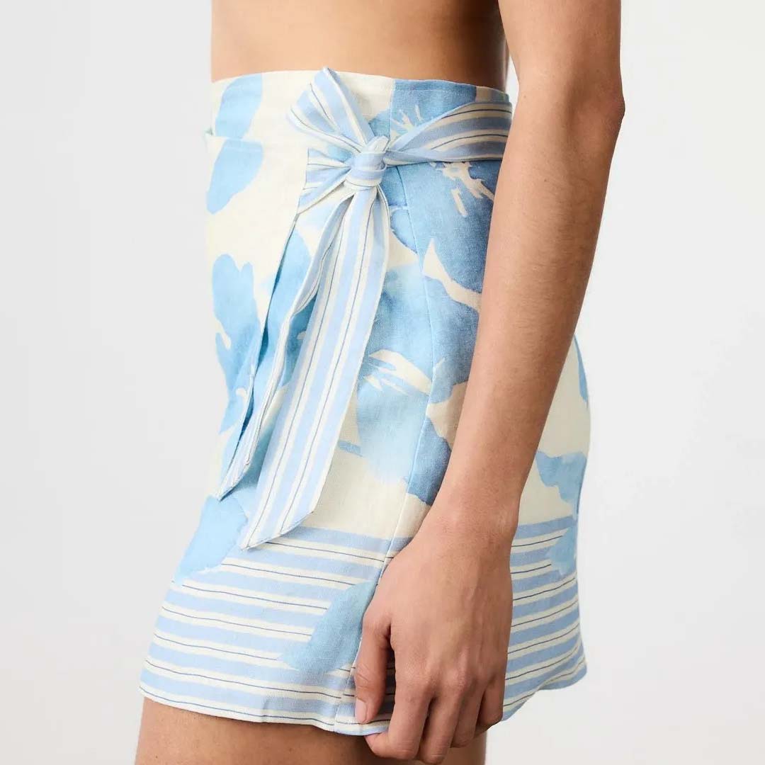 Delphine Linen Wrap Skirt | Blue Floral