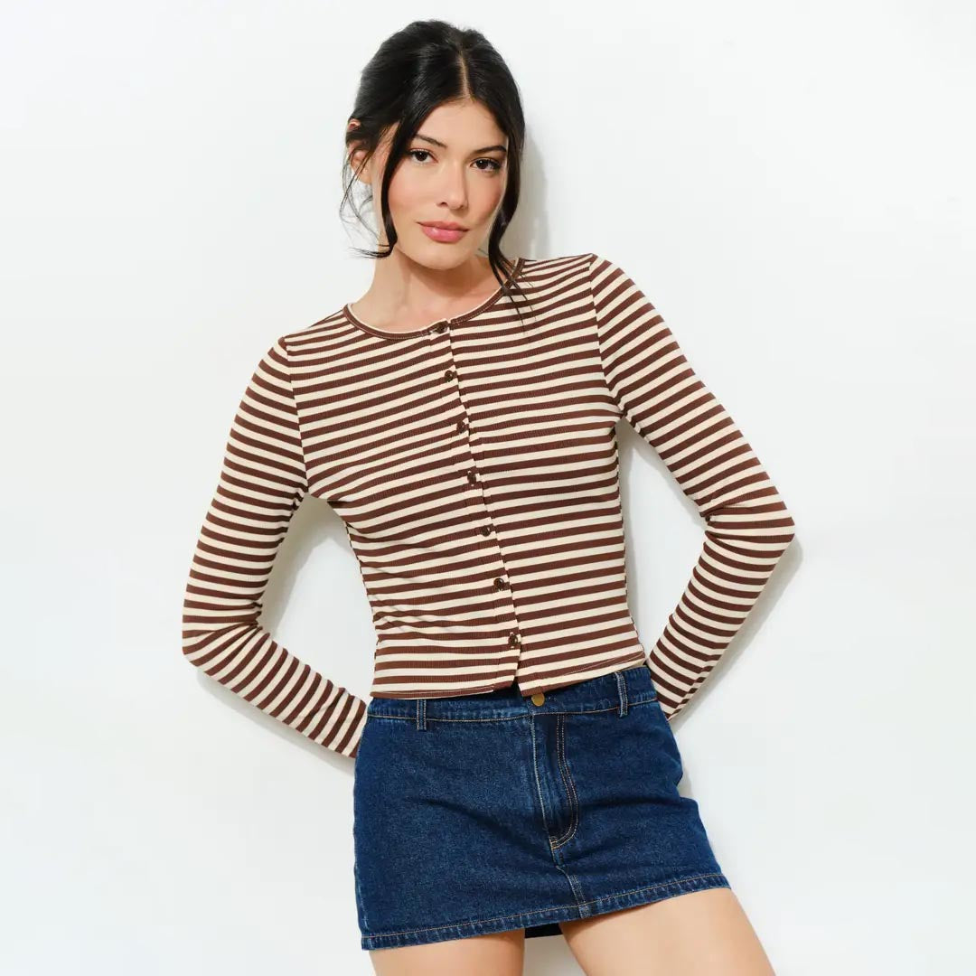 Luca Ribbed Top | Brown Stripe