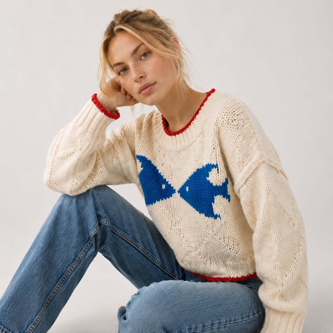 Cropped Knit Sweater | Off White Blue Red