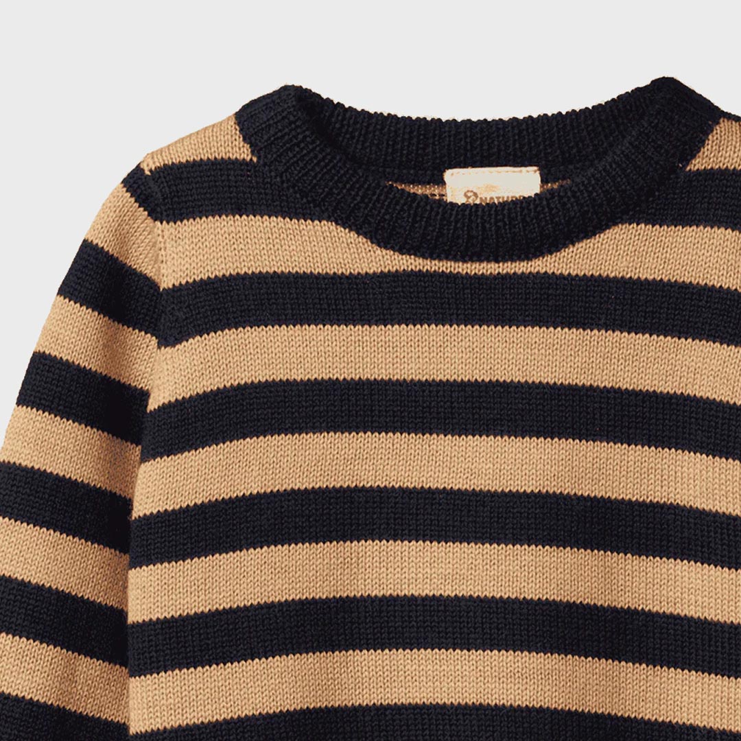 Merino Knit Pullover | Navy Caramel Stripe