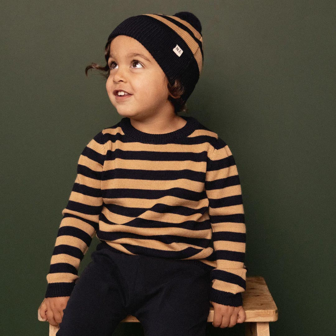 Merino Knit Pullover | Navy Caramel Stripe