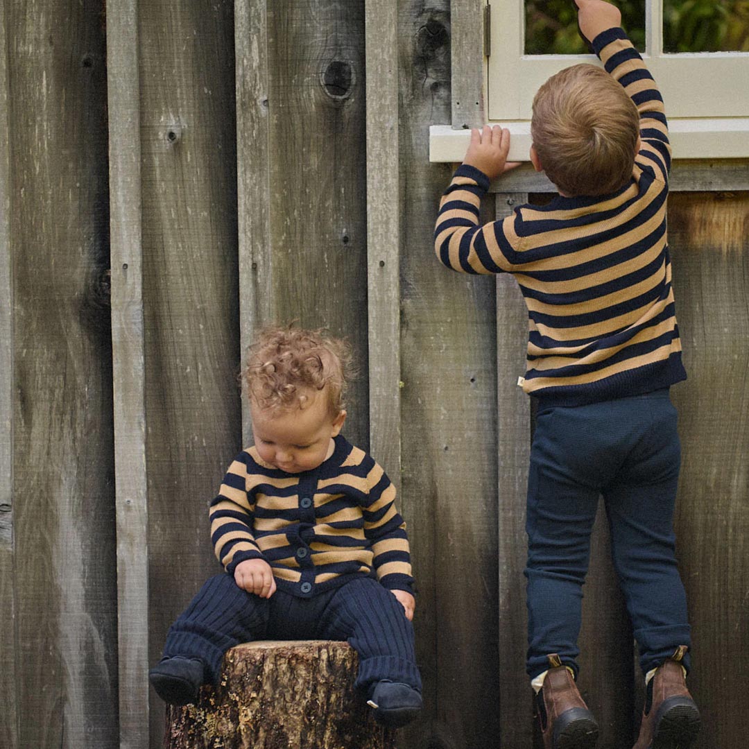 Merino Knit Pullover | Navy Caramel Stripe