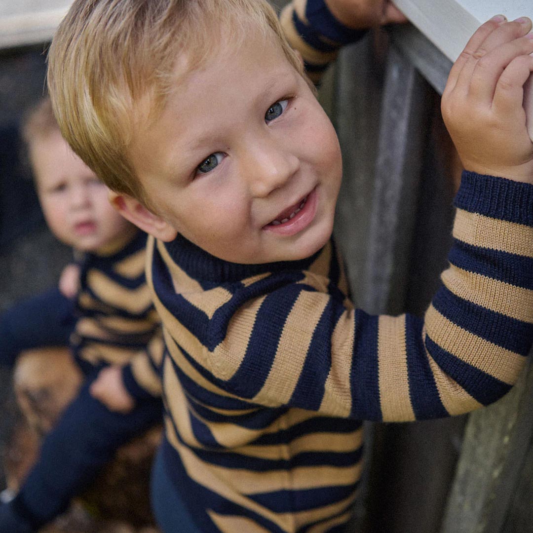 Merino Knit Pullover | Navy Caramel Stripe