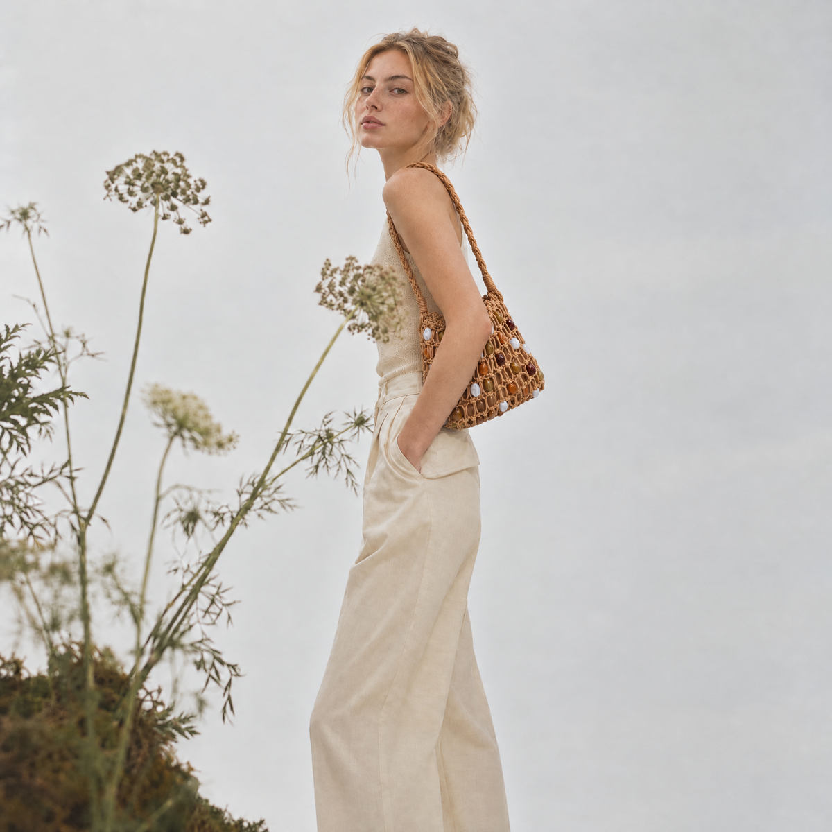 Woven Beaded Shoulder Bag | Brown