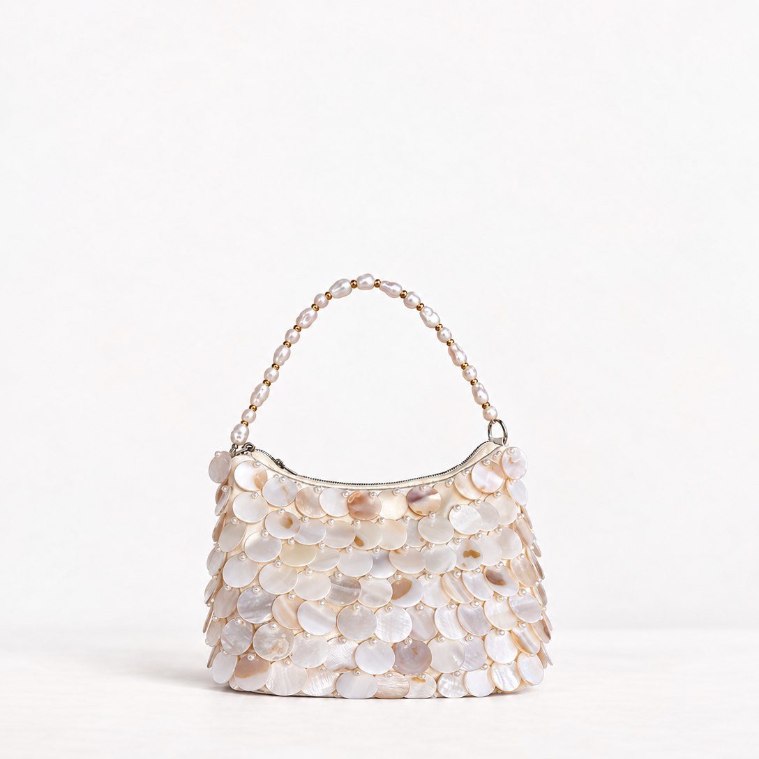 Shell Beaded Shoulder Bag | White Beige