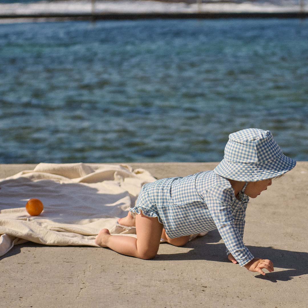 Ruffle Swim Shorts | Blue Gingham