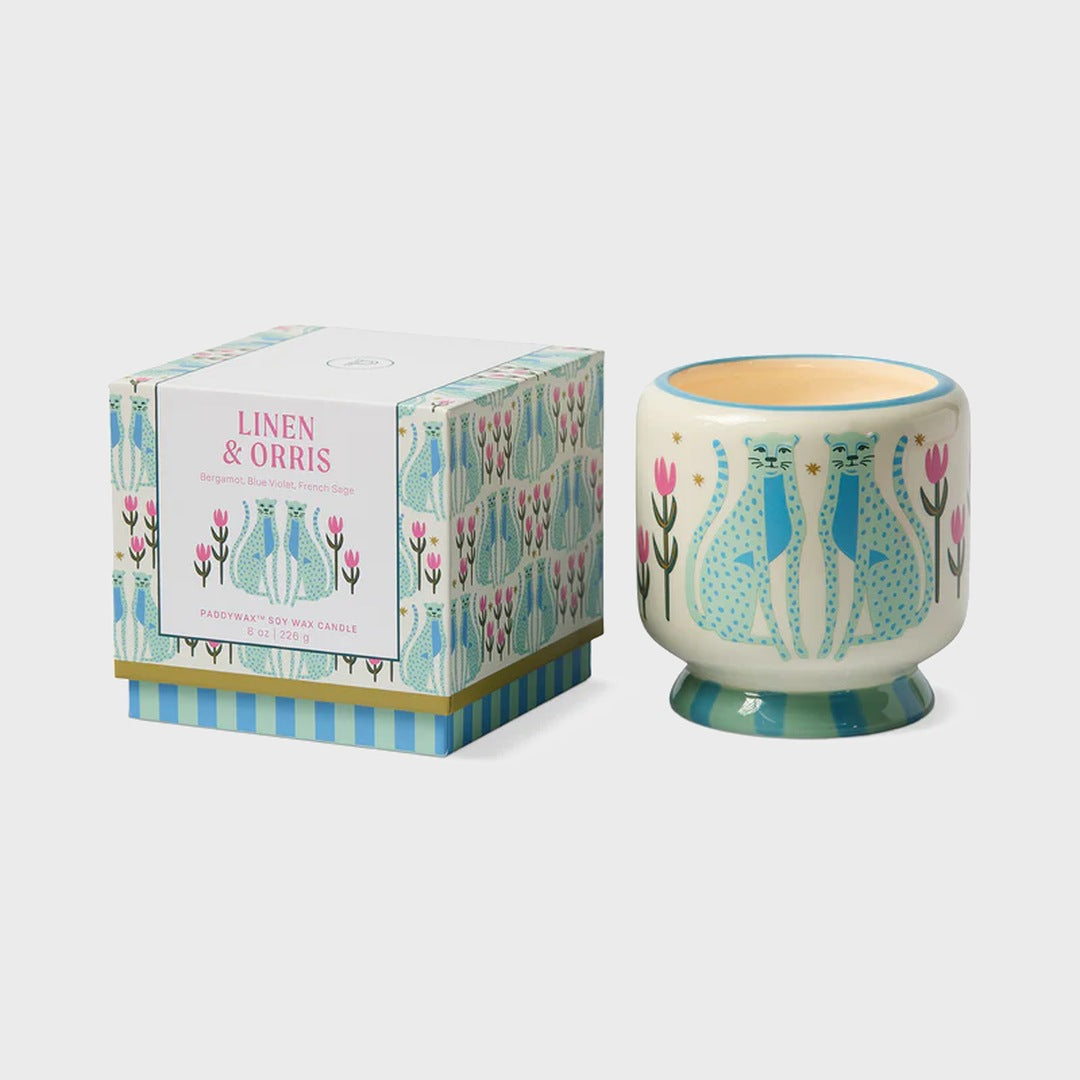 A Dopo 8oz Blue Cheetahs Ceramic Candle | Linen & Orris