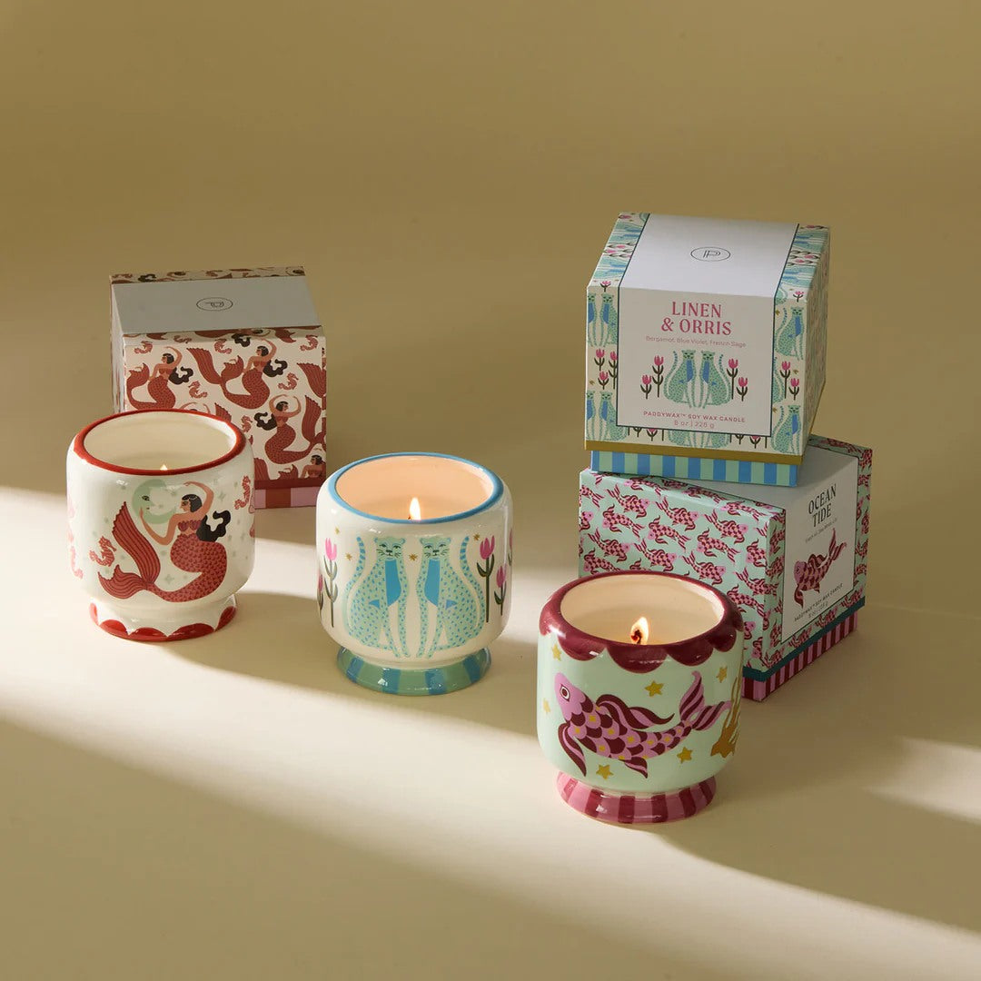 A Dopo 8oz Blue Cheetahs Ceramic Candle | Linen & Orris