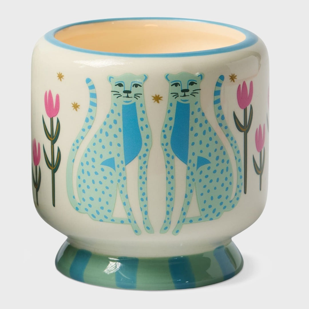 A Dopo 8oz Blue Cheetahs Ceramic Candle | Linen & Orris