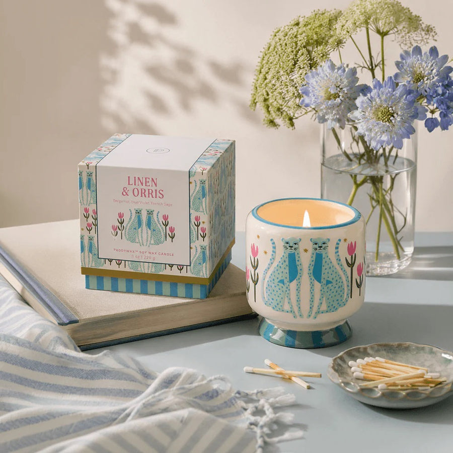 A Dopo 8oz Blue Cheetahs Ceramic Candle | Linen & Orris