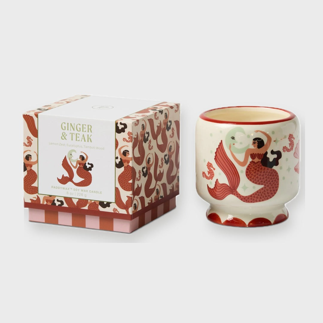 Adopo 8oz Mermaid & Moon Ceramic Candle | Ginger & Teak