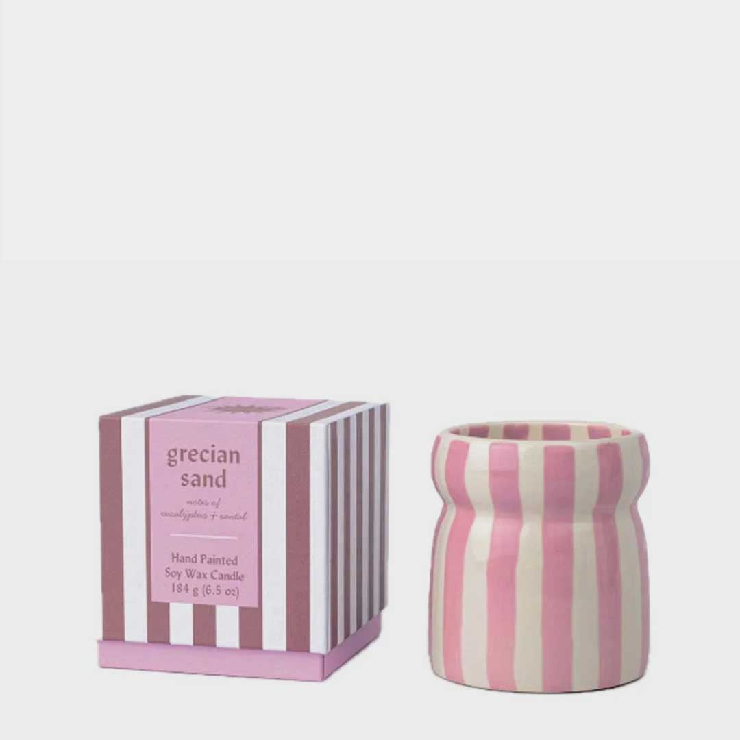 Cabana 6.5oz  Lavender Stripped Ceramic Candle | Grecian Sand