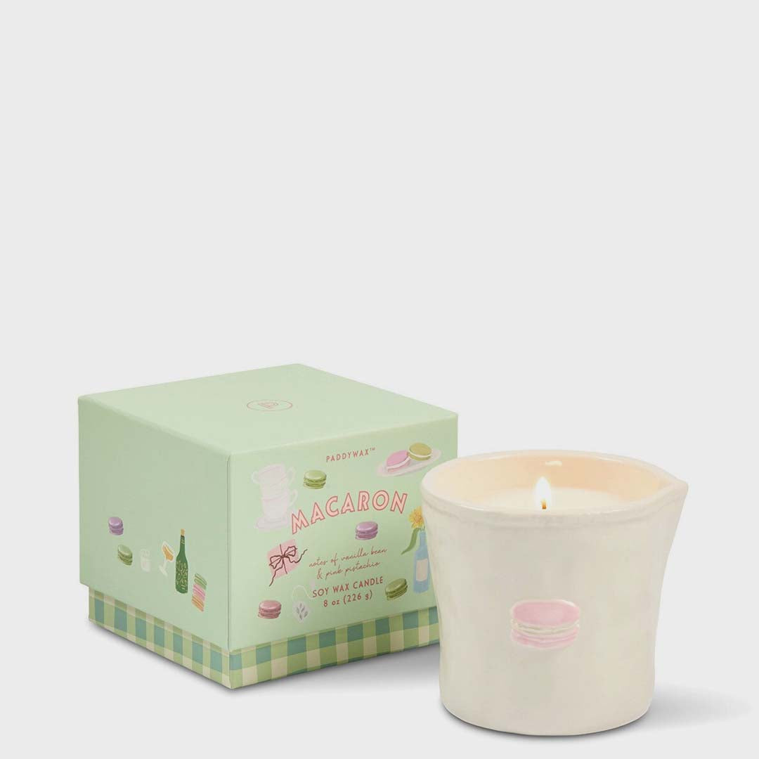 Bistro 8oz Macaron Embossed Ceramic Candle | Pink Pistachio