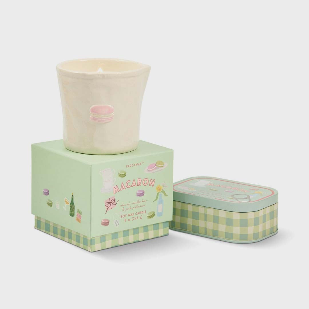 Bistro 8oz Macaron Embossed Ceramic Candle | Pink Pistachio