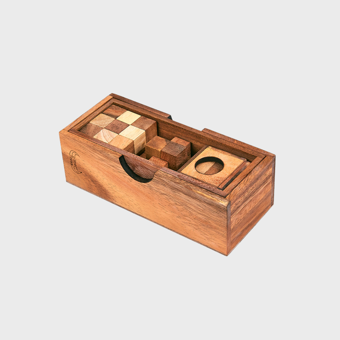 3 PUZZLES IN A WOODEN BOX