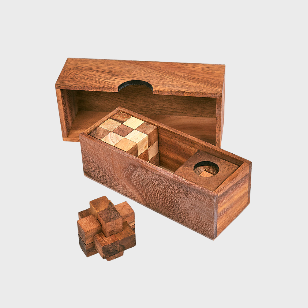 3 PUZZLES IN A WOODEN BOX