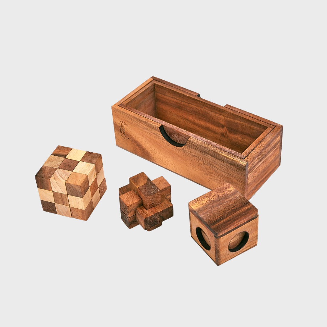 3 PUZZLES IN A WOODEN BOX