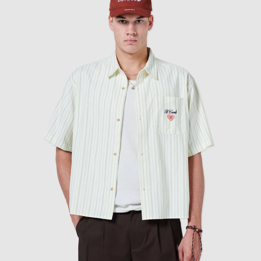 B.Cools Pocket Shirt in stripe, worn front