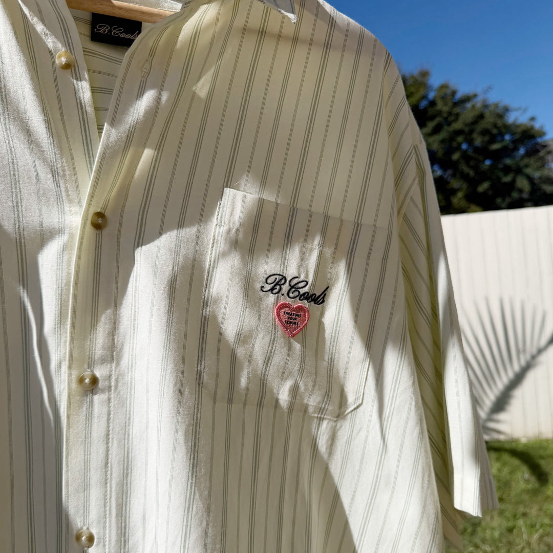 B.Cools Pocket Shirt in stripe, pocket embroidery detail