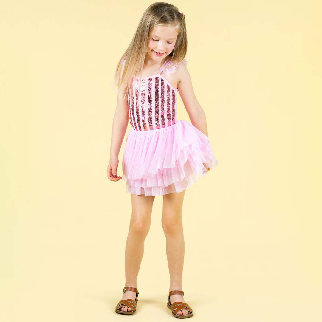 SEQUIN TULLE LEOTARD DRESS | PINK STRIPE