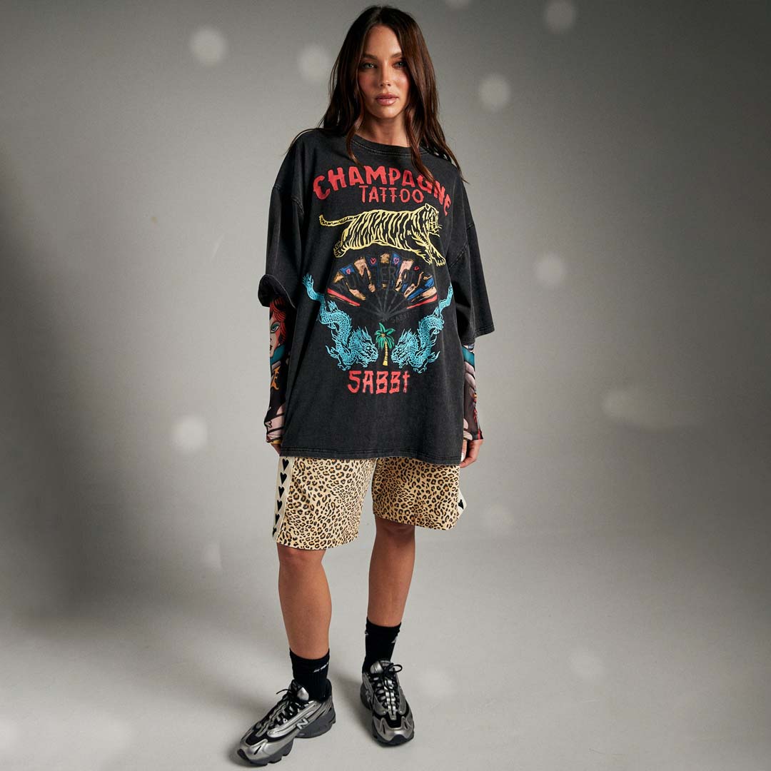 Very Oversized Champagne Tattoo Tee | Black