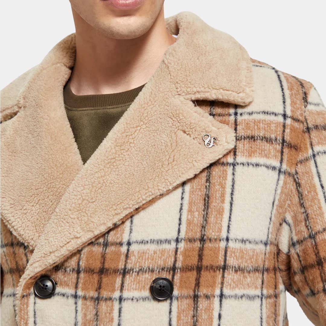 TEDDY LINED PEACOAT | OFF WHITE CAMEL CHECK