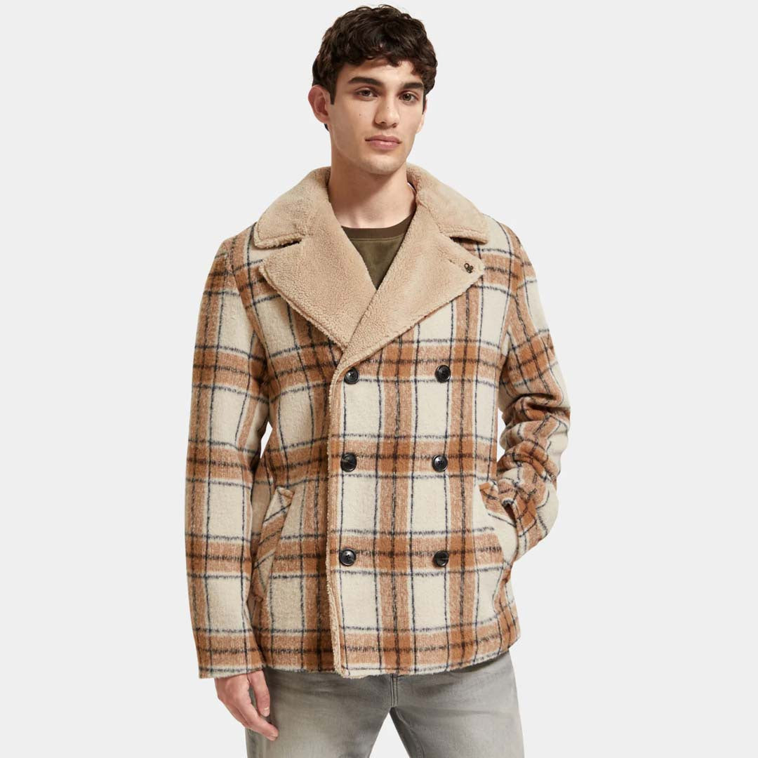 TEDDY LINED PEACOAT | OFF WHITE CAMEL CHECK